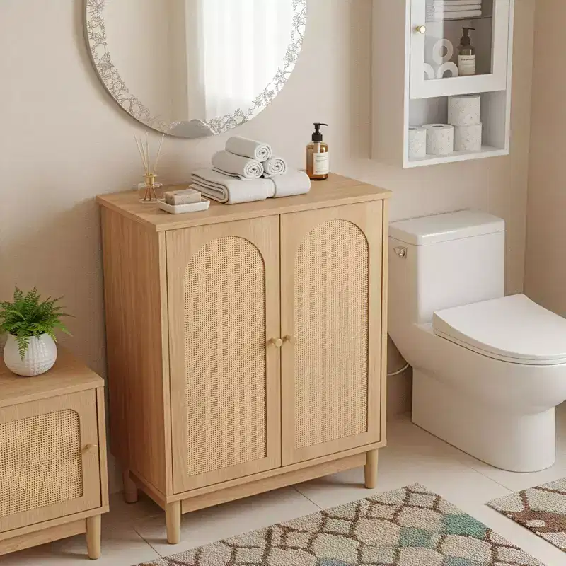 Original Wooden Bathroom Cabinet with Rattan Surface and Double Doors