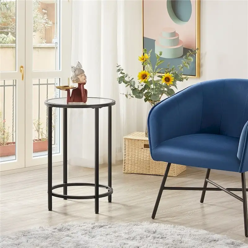 Yaheetech Round Accent Table Bedside Table with Metal Frame Glass Top
