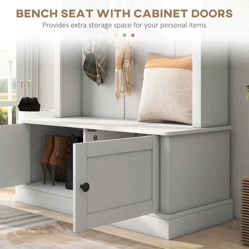 HOMCOM Freestanding Hall Tree, Entryway Bench with Coat Rack, Shoe Cabinet and Top Shelf