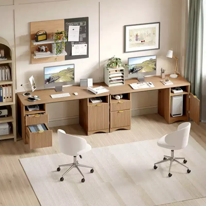 Bestier 59Modern Executive Desk with Storage,Wood Home Office Desk with 2 Drawers & 3 Cabinet,Fluted Writing Desk for Study & Living Room