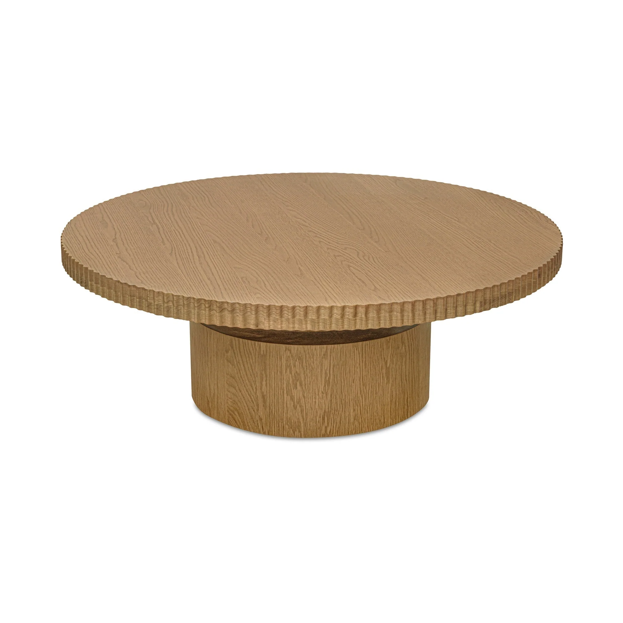 Sculptural Oak Veneer Coffee Table with Scalloped Edge Round Top & Stacked Cylindrical Base for Living Room
