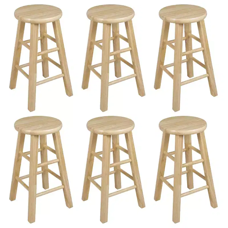 PJ Wood Classic Round-Seat 24 Tall Kitchen Counter Stools for Homes, Dining Spaces, and Bars with Backless Seats, 4 Square Legs, Natural (Set of 6)