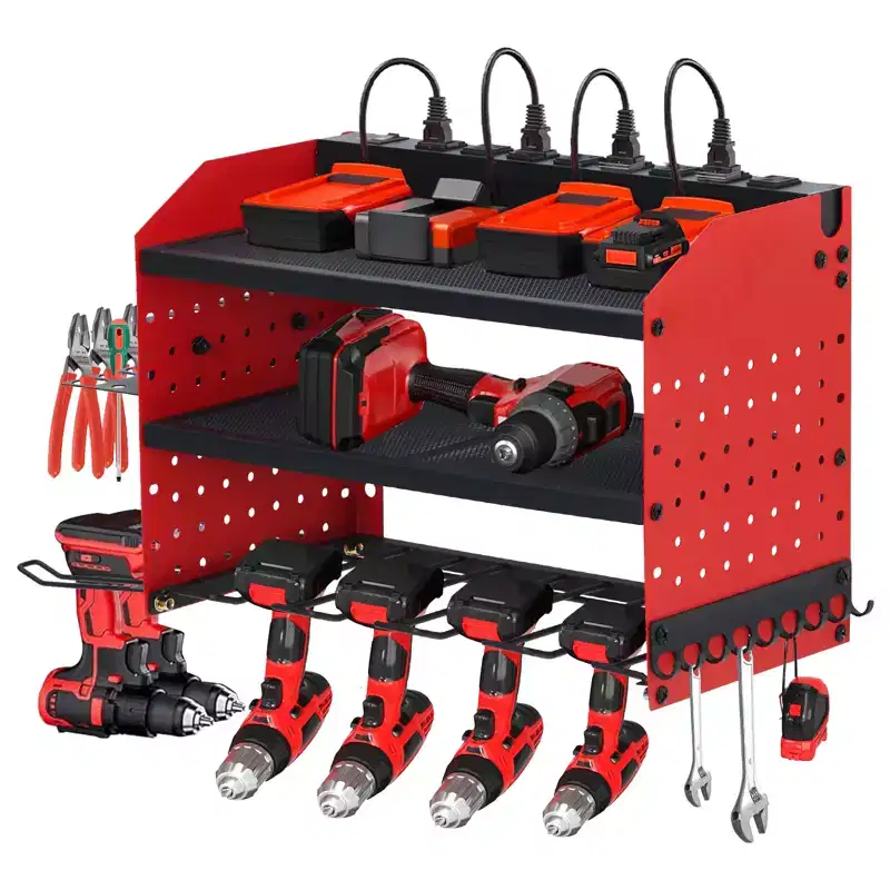 400lbs Heavy Duty 4-Tier Wall Mounted Power Tool Organizer Rack  8 Drill Slots, Screwdriver Holders, Metal Garage & Workshop Storage Shelf