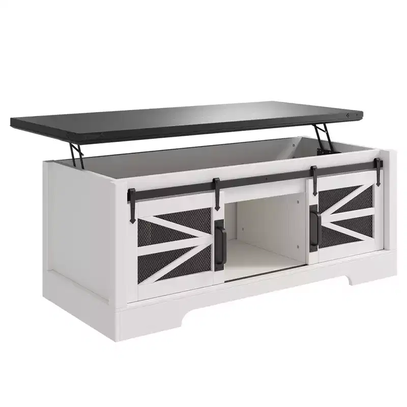 CuisinSmart Farmhouse Lift Top Multifunction Coffee Table, Sliding Barn Door, Hidden Storage Compartment, Convertible Dining Table Adjustable Shelf