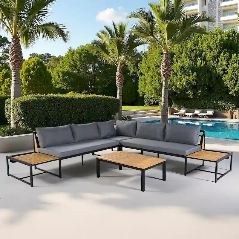 4-Piece Outdoor Patio Iron Sectional Sofa Set with Coffee Table and Side Storage Shelf