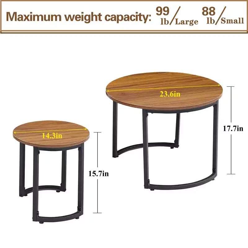 VECELO Nesting Coffee Table Set of 2, Wood Round Side Tables with Adjustable Non-Slip Feet for Living Room, Brown