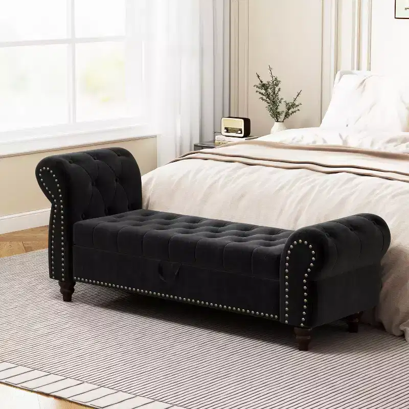 64.5 End of Bed Storage Bench with Nails Tufted, Entryway Bench with Velvet Cushions, Storage Ottoman for Living Room