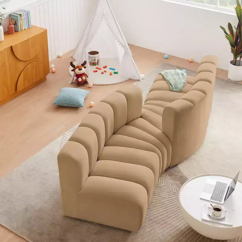 Arc Velvet Modular Sofa – Brown, Deep Channel Tufting, Curved Design