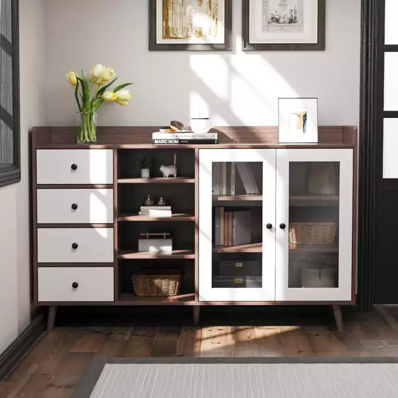 55 in Farmhouse Buffet Cabinet Sideboard with Glass Doors, Adjustable Shelves and 4 Drawers, Large Coffee Bar Station