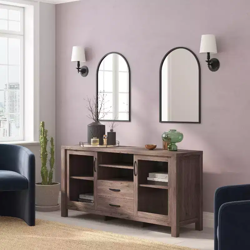 Engineered Wood Buffet Sideboard with Open Shelf, 2 Drawers, and 2 Tempered Glass Doors