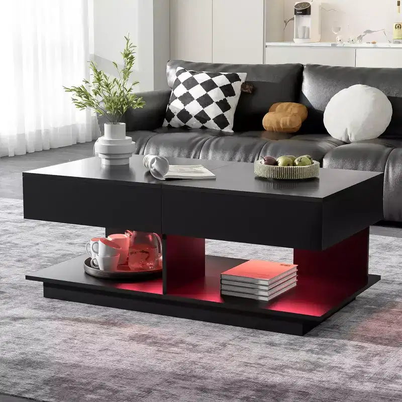 Bestier Extendable Coffee Table with Storage, Modern LED Lighted Coffee Table with Hidden Compartment, Open Shelf for Living Room, Dining Center Table