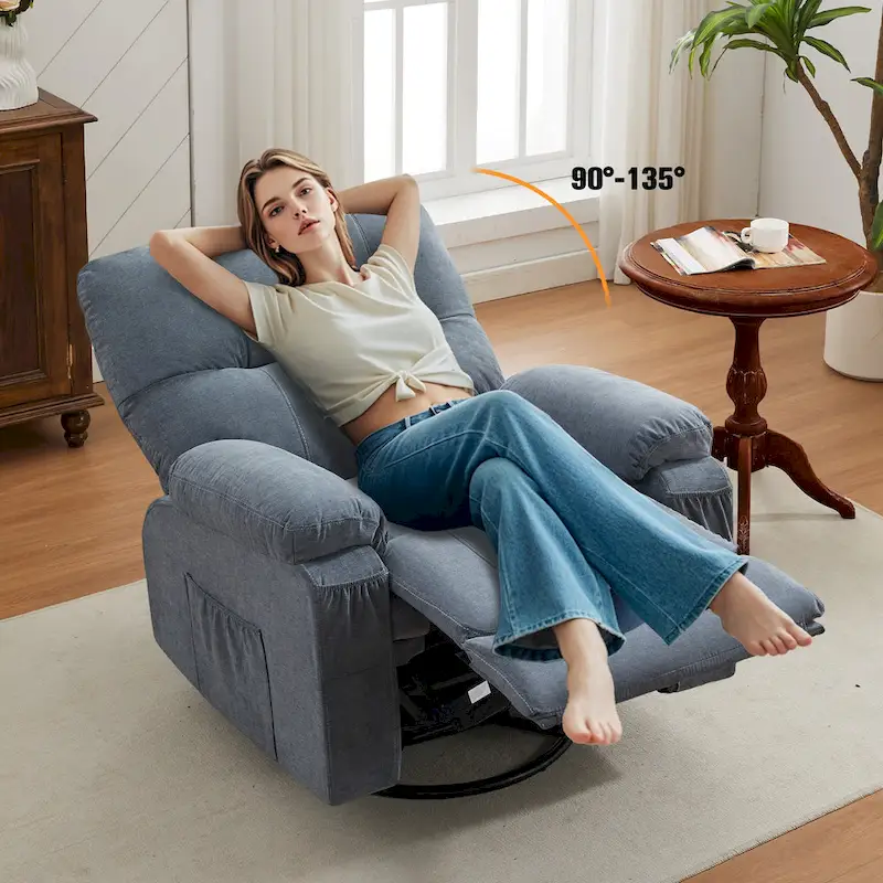 360 Linen Swivel Rocker Recliner with Side Pockets