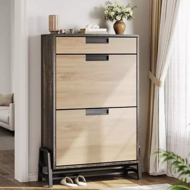 Shoe Storage Organizer with 2 Flip Drawers & 1 Drawer, Narrow 3-Tier Shoe Cabinet with Adjustable Shelves for Entryway, Vintage
