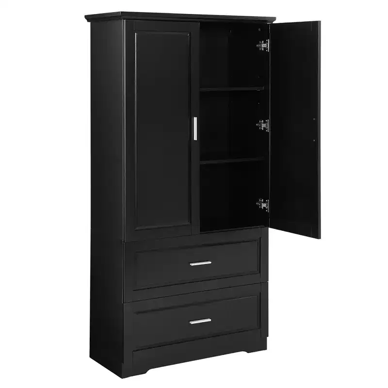 Tall Bathroom Storage Cabinet with Two Doors and Drawers, Adjustable Shelf, MDF Board