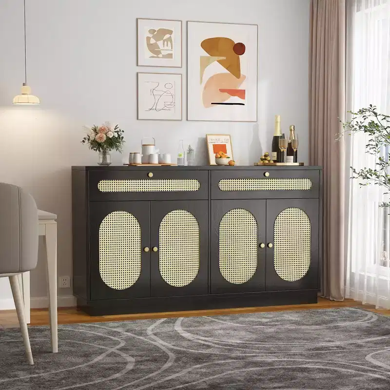 60'' Rattan Sideboard Buffet Cabinet with 2 Drawers & 4 Rattan Doors and Adjustable Shelves & Storage, for Dining Room, Living Room, Entryway