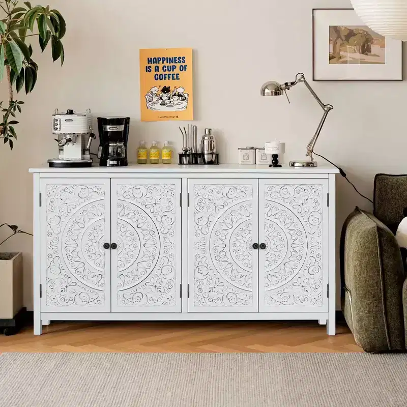 Transitional Fir Wood 60.00'' Storage Sideboard Cabinet with 4 Doors