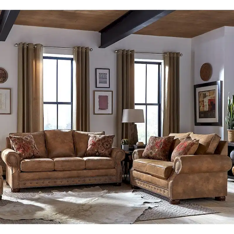 Made in USA Rancho Rustic Brown Buckskin Fabric Sofa Bed and Loveseat - 37 x 86 x 40