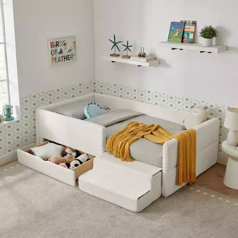 Twin Size Kid Platform Bed Frame Toddler Bed with Guardrail, Storage Drawer & Safety Step Stool, Boucle - ModernLuxe