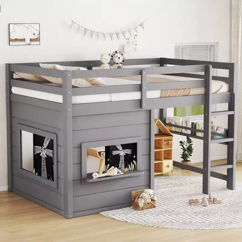 Bellemave Loft Bed with Built-in Bookshelf and High-quality Safety Rails,Solid Wood Loft Bed Frame with a Playful Sliding Chalkboard