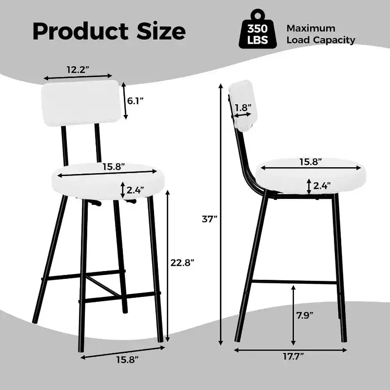 COZONY Upholstered Bar Stool Set with Curved Backrest, Metal Frame Counter Height Stools for Kitchen Island Dining Table Home Bar