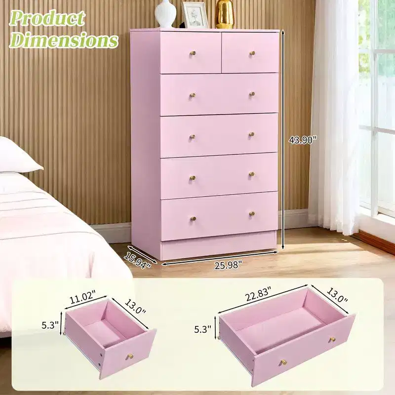 Karl Home 6-Drawer Large Dresser for Bedroom and Chest of Drawers with Sturdy Construction Wood Storage Organizer for Closet In pink