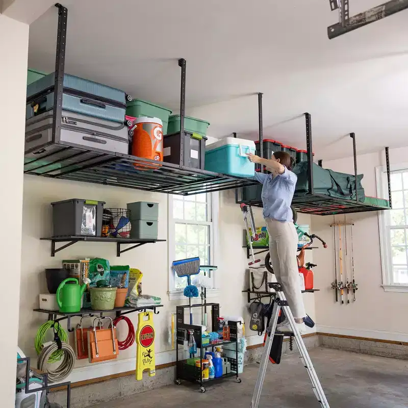 4' x 8' Overhead Garage Ceiling Storage Rack with Hooks – Holds 700 lbs
