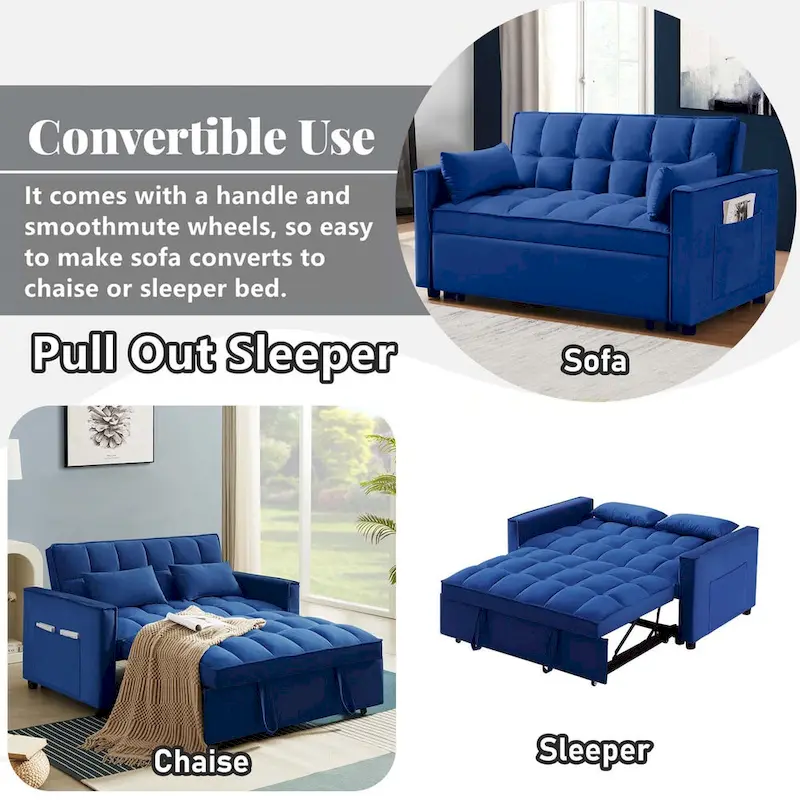 Aukfa Velvet Convertible Sleeper Sofa Loveseat with Side Pocket
