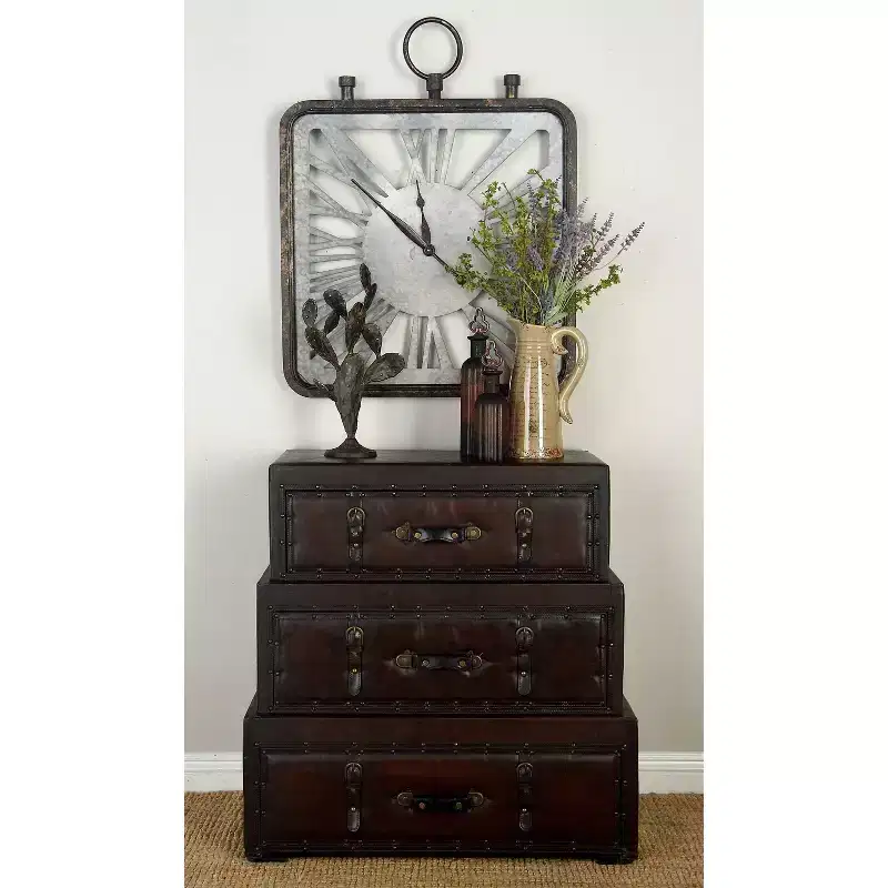 Traditional Faux Leather and Wood Storage Chest with 3 Drawers – Brown