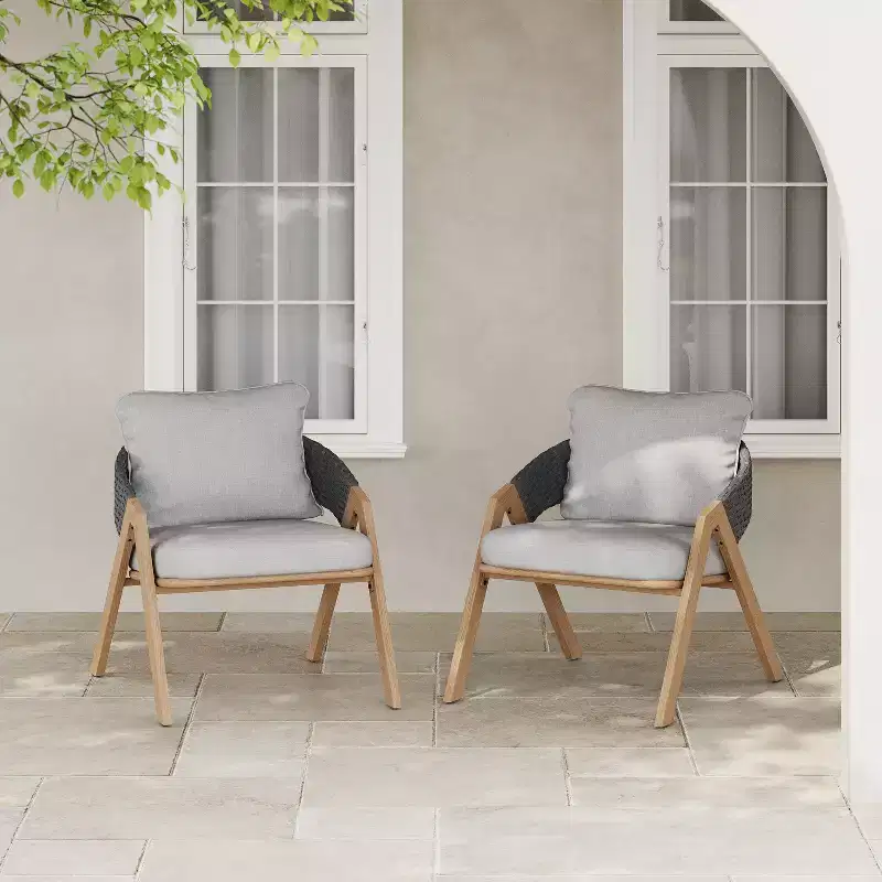 Christopher Knight Home Kaia Patio Modern Metal & Rattan Upholstered Accent Chairs with Faux Wood Finish (Set of 2)