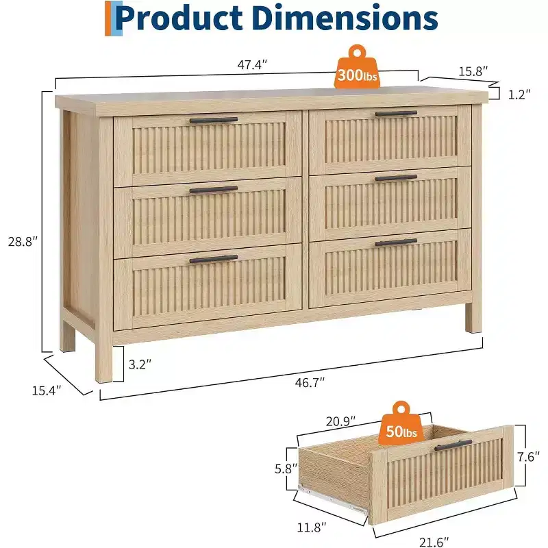 Fluted Dresser for Bedroom with 6 Drawers,Modern Chest of Drawers,Wooden Dresser TV Stand,Closet Clothes Storage Organizer for Living Room,Hallway