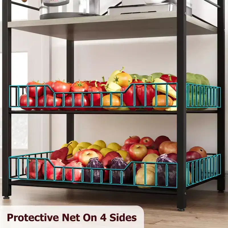 Freestanding Kitchen Bakers Rack, 5 Tier Microwave Stand with Wire Basket & Adjustable Feet, 50.7'' Tall Industrial Coffee Bar Statio