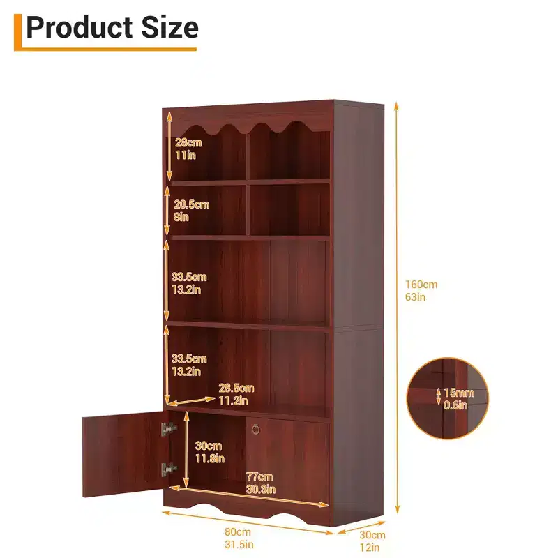 5 Tier Bookcase with Doors, 63 in Tall Modern White Bookshelf with Cabinets, Wood Book Shelf Display Cabinet for Bedroom, Living Room, Office