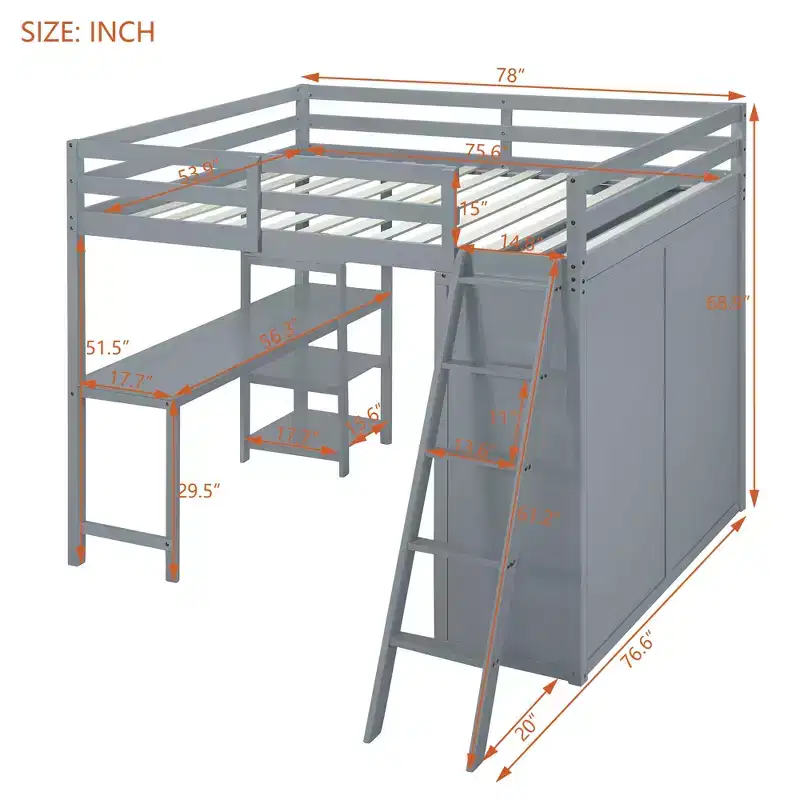 Full Size Loft Bed with Wardrobe and Desk for Kids, Wood High Full Loft Bed Frame with Storage Shelves