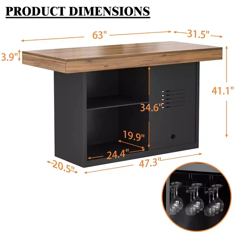 Bar Height Pub Table with Fridge Space & Storage, 41.1H x 63W, Seats 4-6, Black/Brown