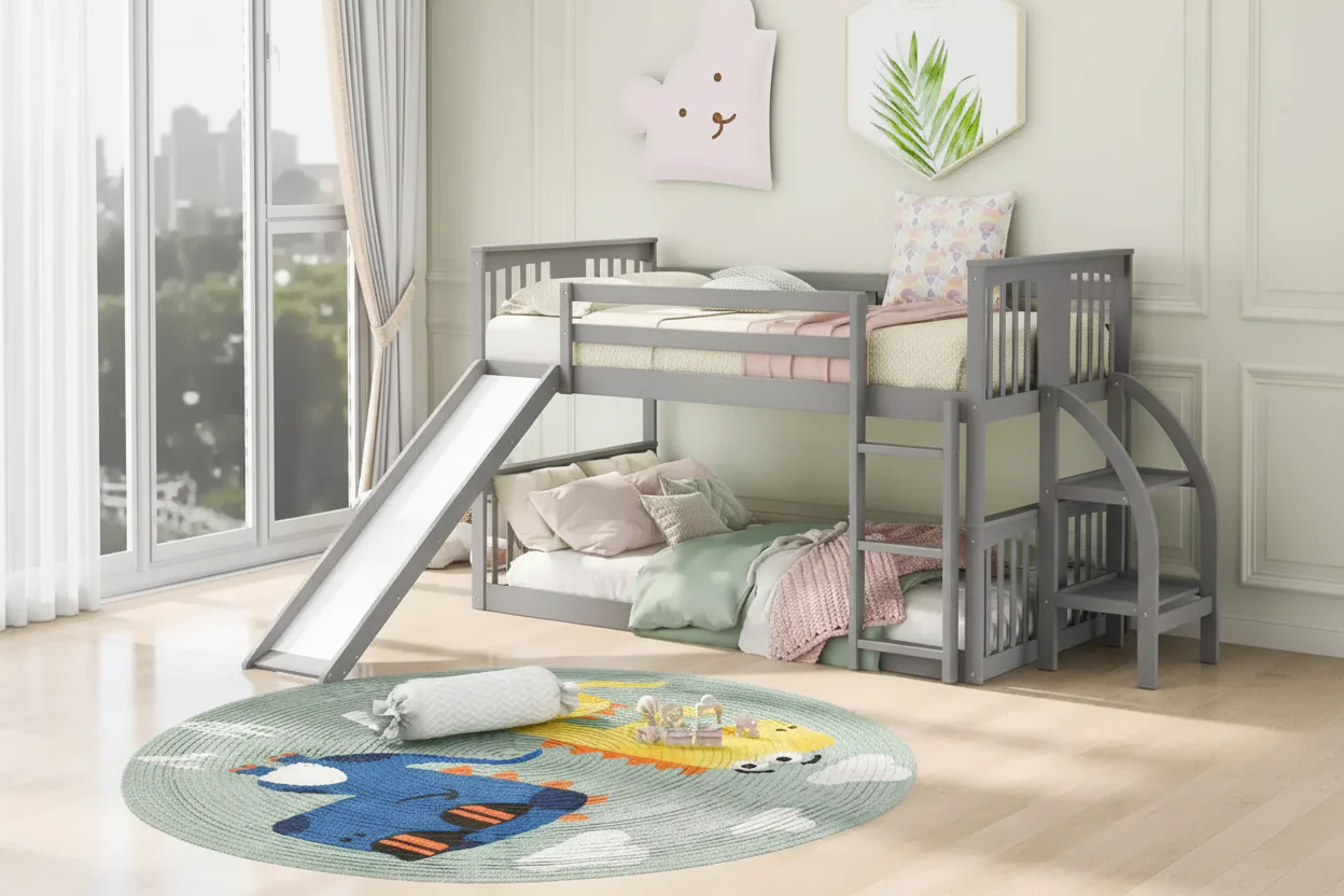 Twin Over Twin Bunk Bed with Slide and Ladder, Designed for Safety