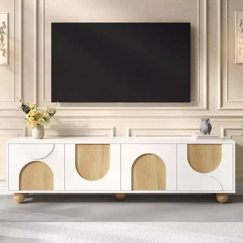69-inch Farmhouse-Style TV Stand with Recoil Mechanism Accommodates TVs up to 75 inches 5 Solid Wood Legs Ideal for Living Rooms White