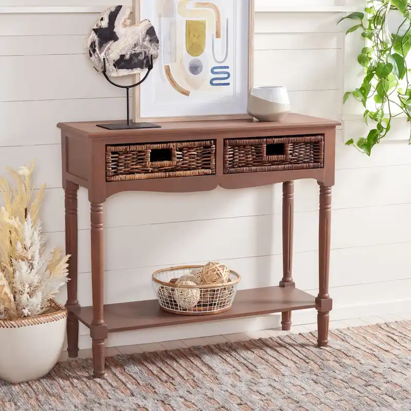 Rattan Drawer Console Table with Lower Shelf - 36W x 13D x 32H