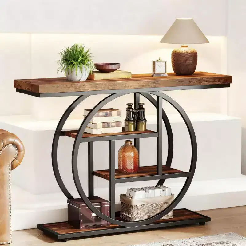 JVNOXK Industrial 4-Tier Wood End Table with Round Metal Frame