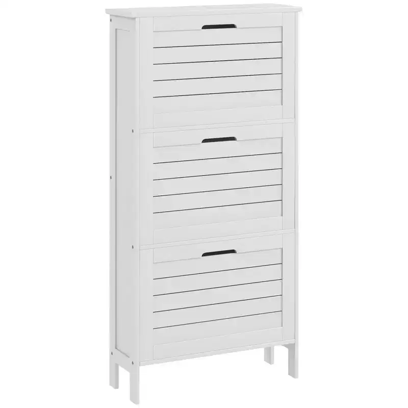Narrow Shoe Cabinet with 3 Flip Drawers & Louvered Doors - White