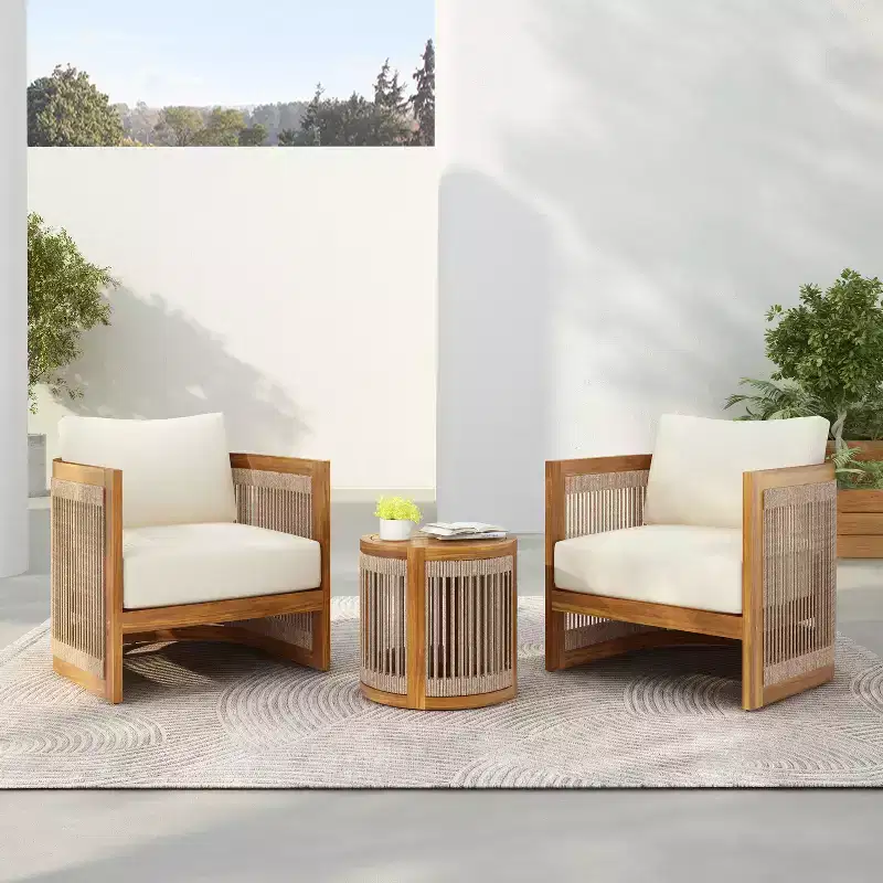 Christopher Knight Home Krizzix Boho 3 Piece Outdoor Acacia Wood Woven Rope Seating Set with Cushions
