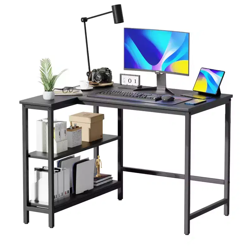 39/43 Inch L-Shaped Desk for Gaming & Study with Metal Frame & Storage Shelves