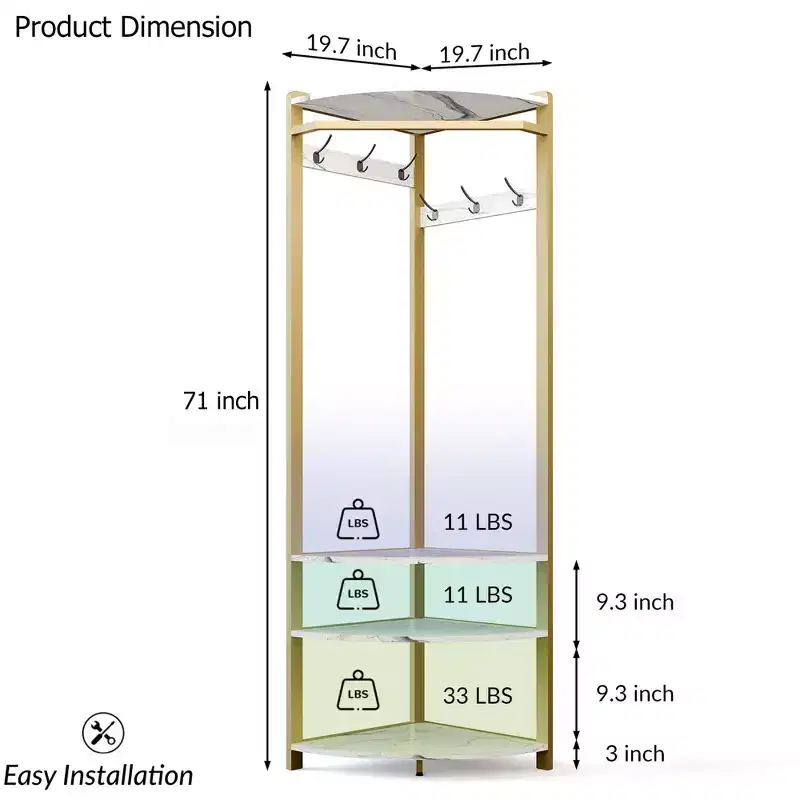 Corner Coat Rack With Shoe Bench for Entryway - Hall Tree With 6 Double Hooks, Clothes Rack With Storage, Organizer Shelf for Hallway, Closet
