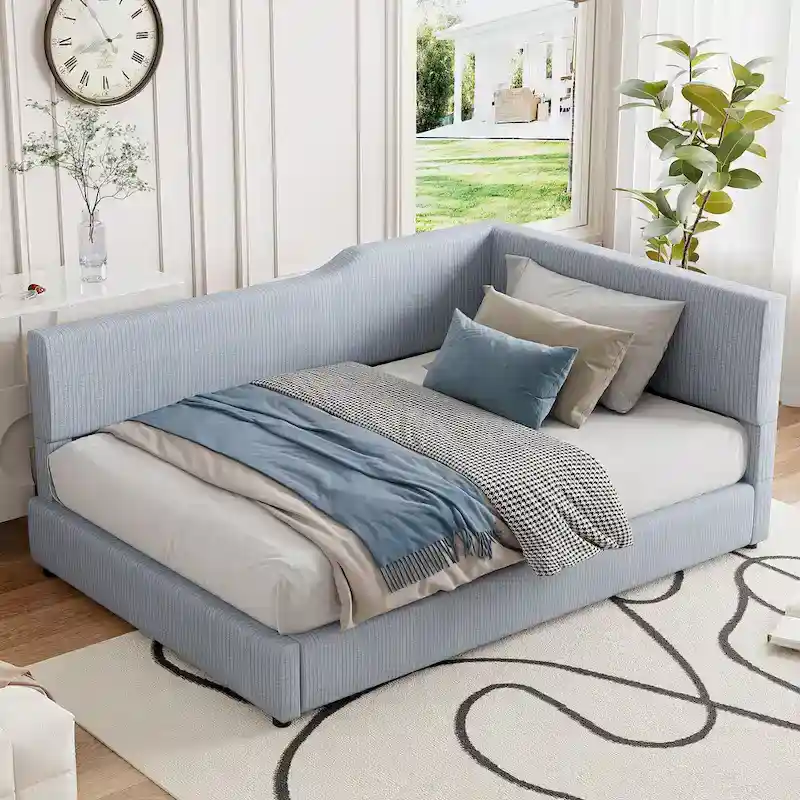 Full Size L-Shaped Daybed with Solid Wood Frame, 500 lbs Weight Capacity