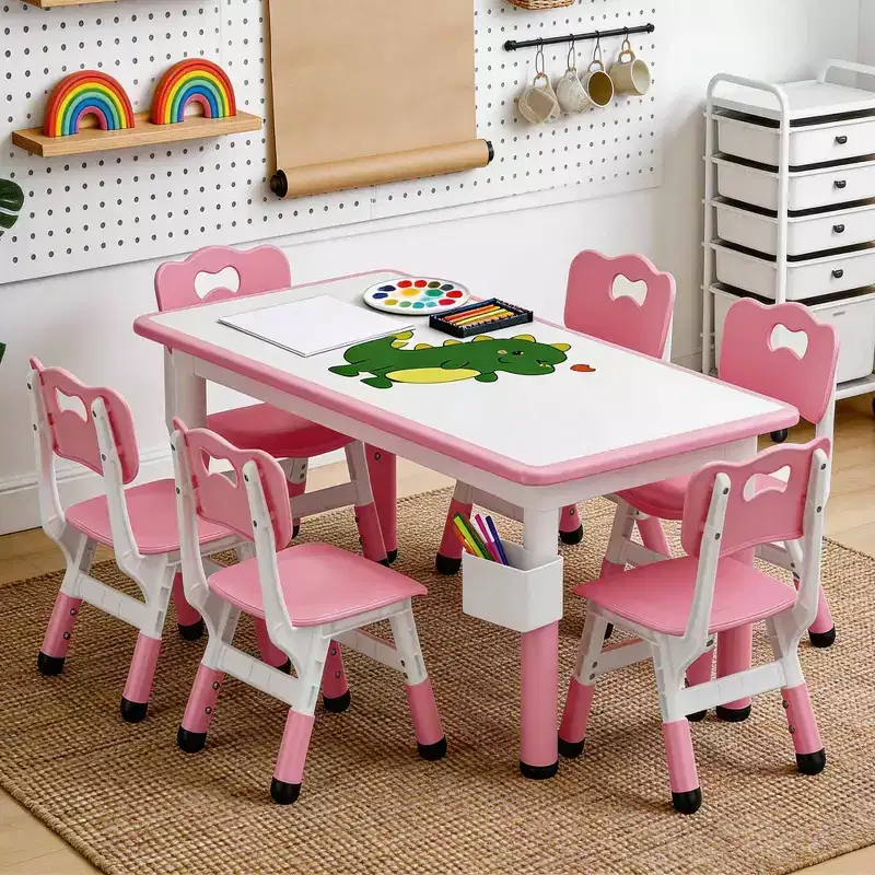 Height Adjustable Kids Table and 6 Chairs Set  Graffiti Desktop, Non-Slip Legs, Storage Box  Toddler Activity Table for Ages 2-10, Home, Daycare