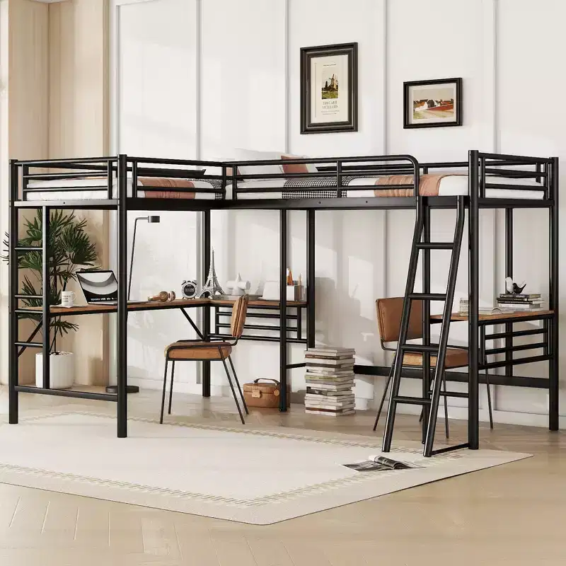 Clihome Twin Size Metal Loft Bed with Two Built-in Desks