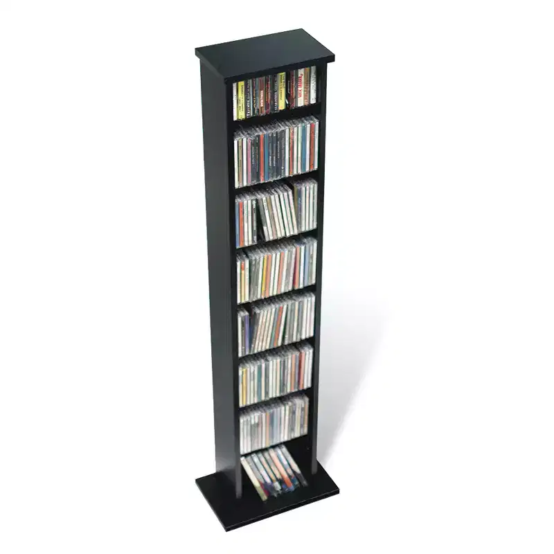 Slim Multimedia Storage Tower Black: Modern Media Cabinet with Adjustable Shelves, Holds 160 CDs, 65 DVDs