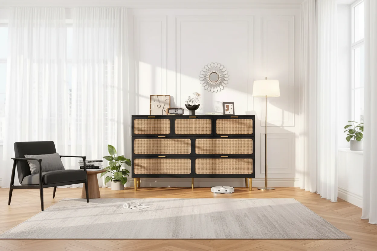 7-Drawer Rattan Dresser – Handwoven Doors, 5 Metal Legs, Bedroom & Living Room Storage