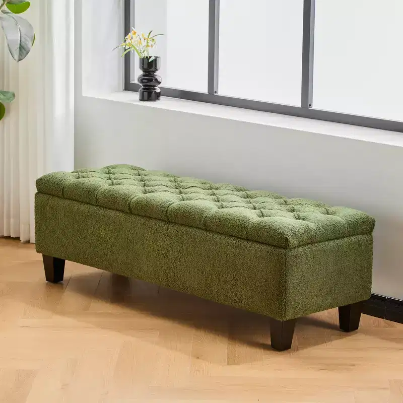 51'' Green Boucle Fabric Storage Ottoman Bench with Button Tufting & Rubber Wood Legs