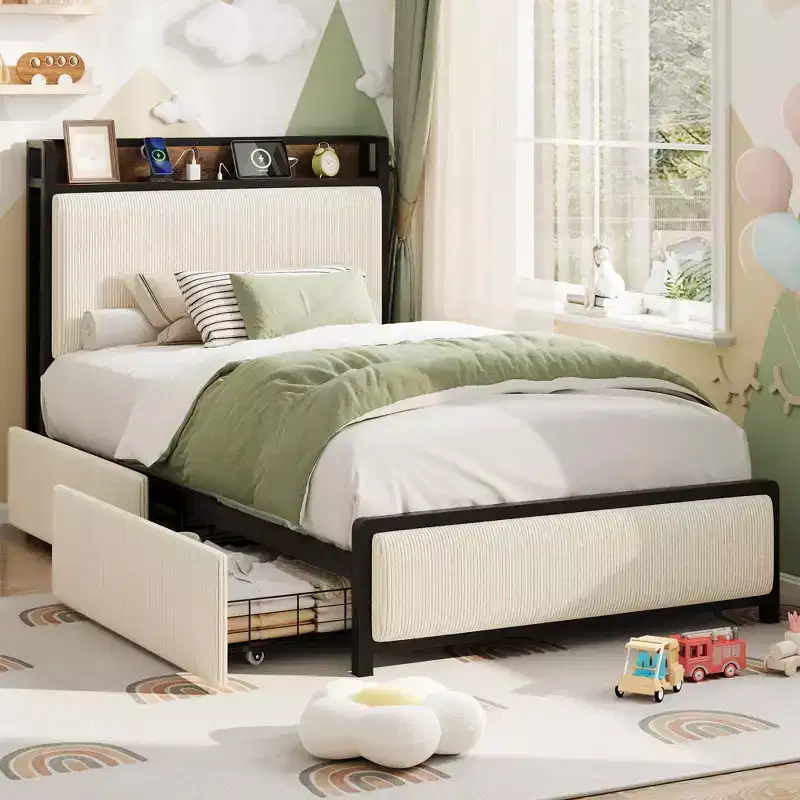 Twin Size Wood Platform Bed Frame with Headboard and 2 Storage Drawers, No Box Spring Needed, for Kids, Teens or Adults