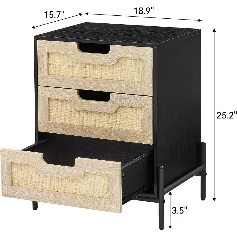 1 Pb Board Iron Foot Rattan Bedside Table | 3 Drawers | Hand-Woven Rattan | Multi-Functional for Bedroom & Living Room